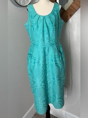 R&K Turquoise Blue Brocade Sheath Dress with Pockets Size 12 Retro Style